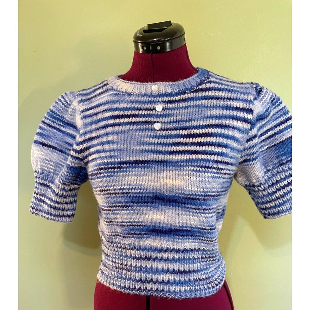 Vintage 1970s Hand Knitted Blue Variegated Crop Sweater Small - Picture 1 of 9